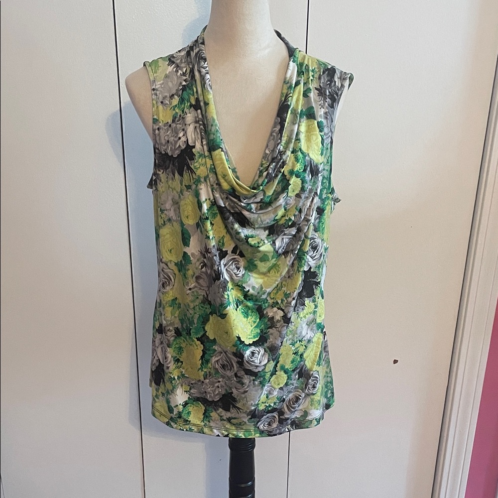 Floral Drape Neck Top - Green, Yellow, Gray